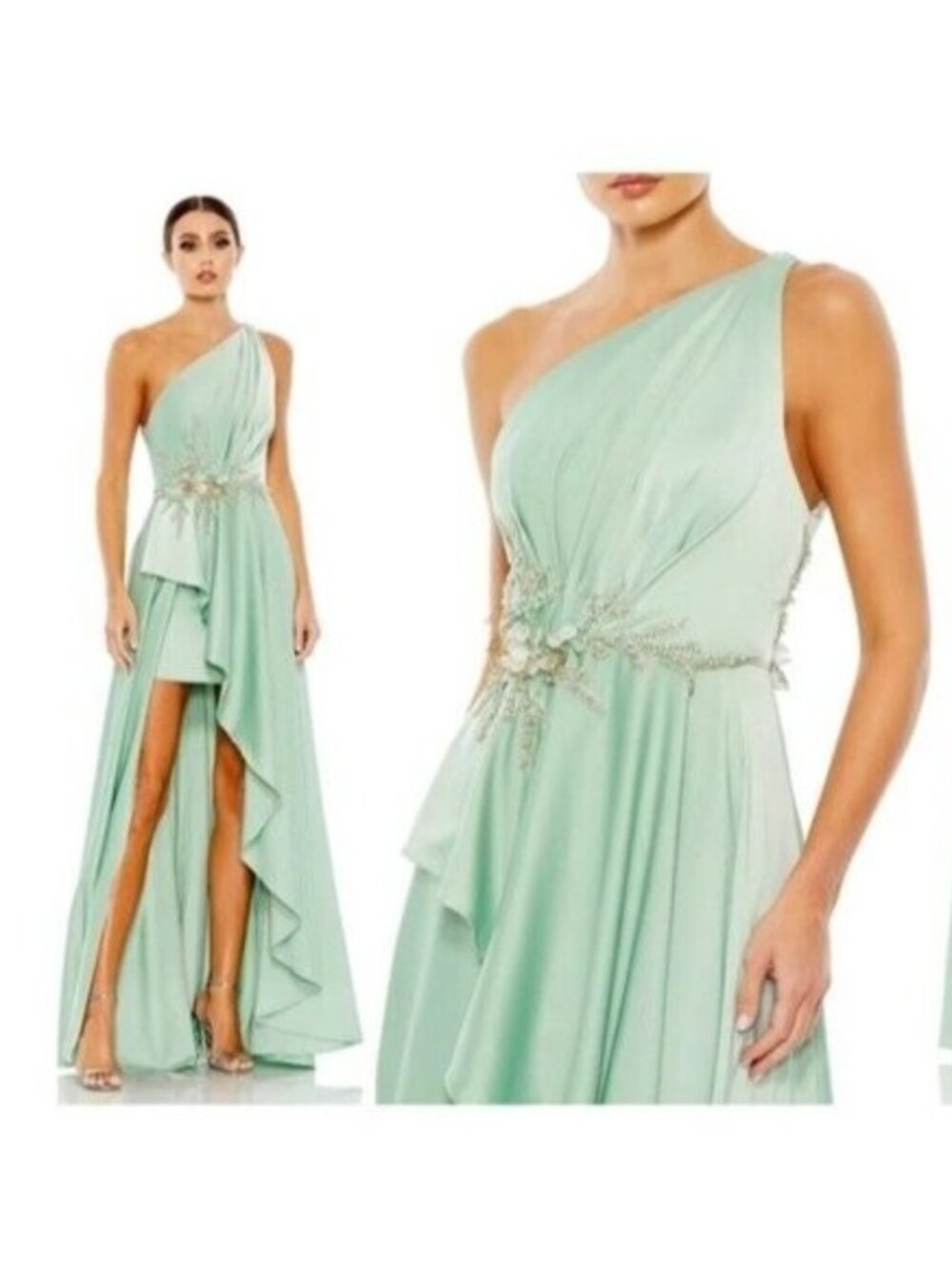 MAC DUGGAL Size 10 Green 11262 Embellished One Shoulder Cocktail Gown Dress Flaw
